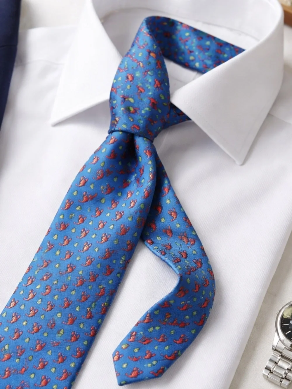J. Crew Vintage Lobsters and Lemon Motif Blue 100% Silk Tie Made in USA